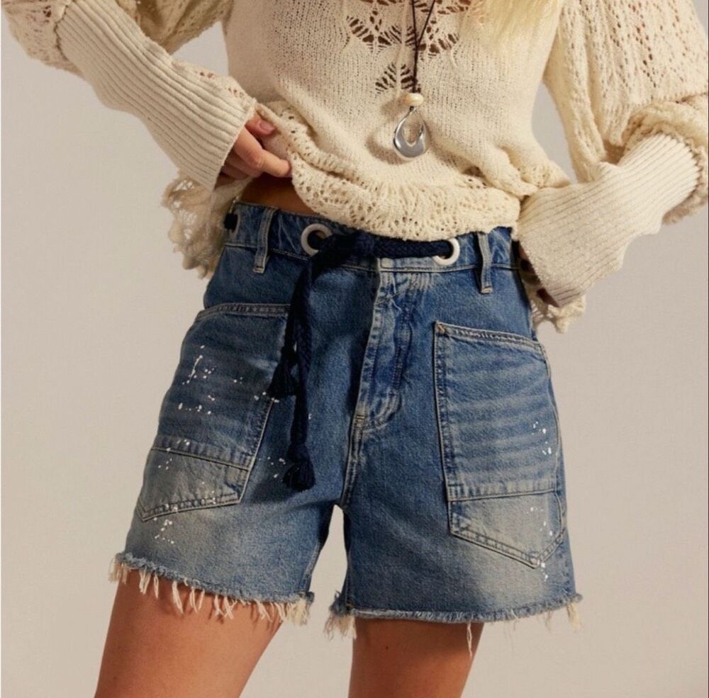 Free People Moxie Barrel Shorts We The Free Rope Tie Slouchy Blue Denim 27 NEW